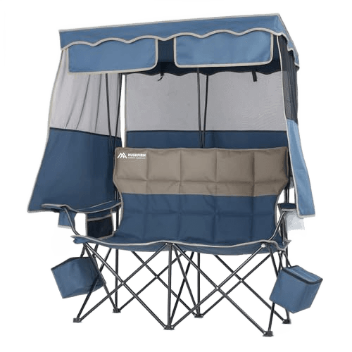Double Beach Chair With Canopy Shade Camping Chair With Canopy Oversized Double Camping Chair With Canopy Folding Loveseat Chair With Two Cup Holders and Cooler Bag For Camping