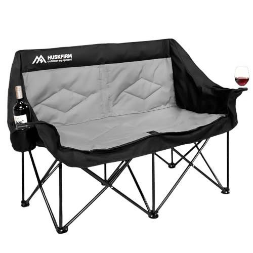 Huskfirm 2 Person Camping Chair Oversized Loveseat Camping Chair Double Camping Chairs for Adults Heavy Duty Camping Couch Black Outdoor Folding Chair Portable Patio Lawn Chair