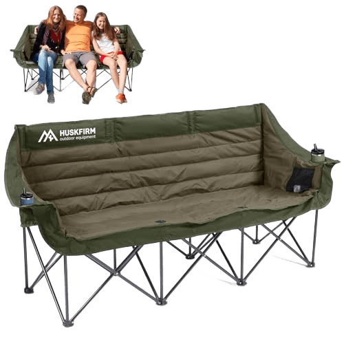 Huskfirm 3 Person Camping Chairs Folding Double Camping Chair Portable Oversized Loveseat Padded Camp Chair Heavy Duty Camping Couch for Adults Outdoor Lawn with Two Cup Holders and Carry Bag Green