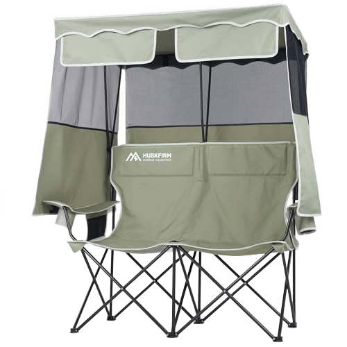 Huskfirm Double Camping Chair with Shade Canopy 2 Person Folding Chair with Canopy Portable Beach Chair Heavy Duty Camping Chair with Two Cup Holders and Side Pocket for Outside Camping