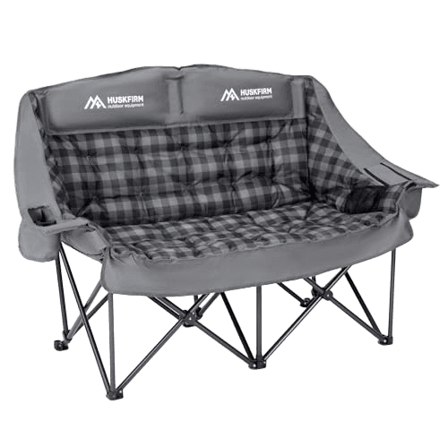 Huskfirm Padded Double Camping Chair High Back 2 Person Camping Chair Oversized Camping Loveseat Support 800LBS Heavy Duty Camping Couch with Cup Holders